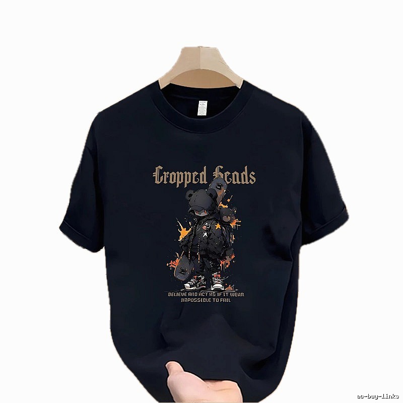 Cropped Skate Bear Street Style Navy Short Sleeve T-Shirt