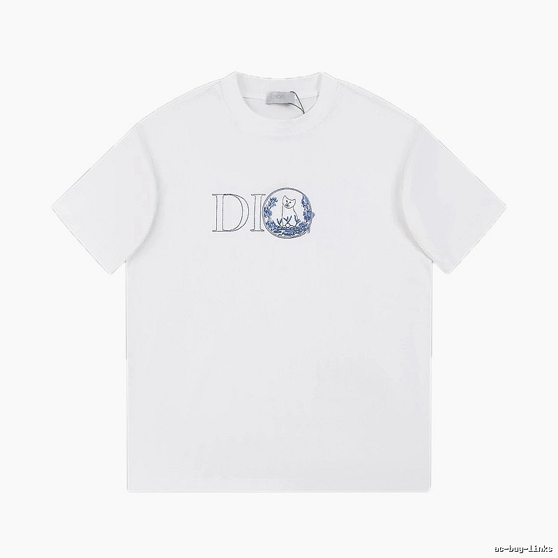 Dior Cat-Embroidered Light Luxury Style White Short-sleeve T-shirt