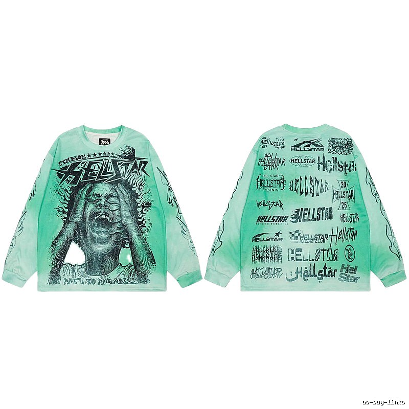 Hellstar All-over Portrait Print Street Style Mint Green Long Sleeve