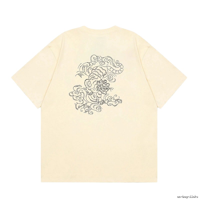 KENZO Auspicious Cloud Tiger Embroidery Chinese Style Beige Apricot Short Sleeve T-Shirt