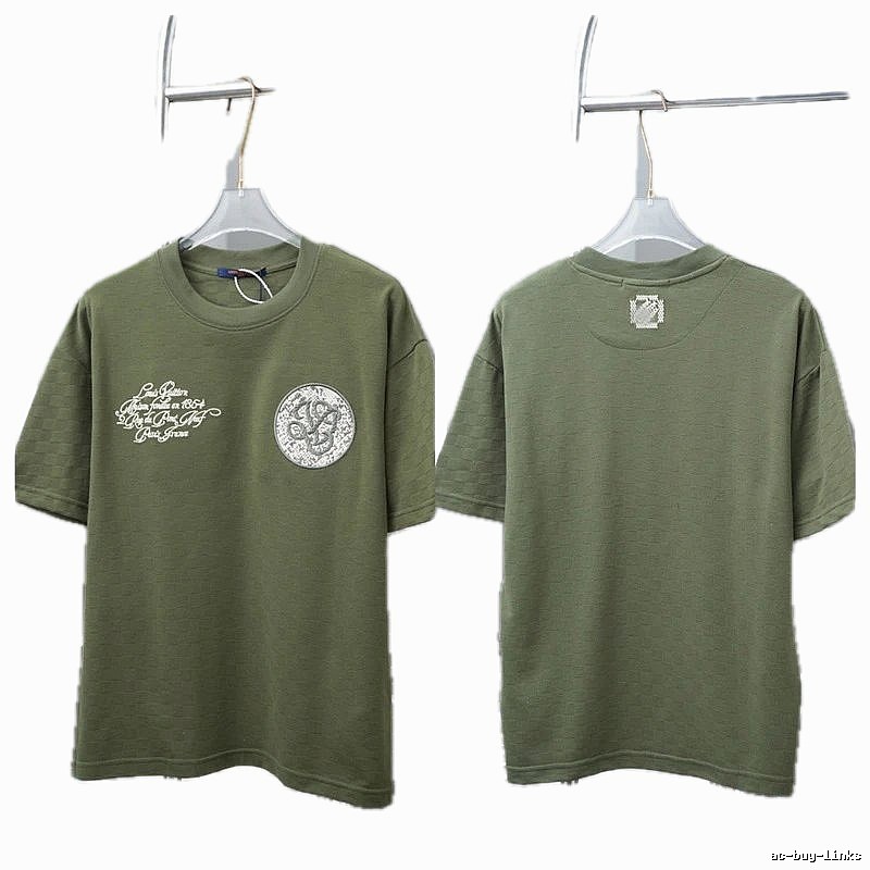 Louis Vuitton Embroidered Badge Casual Style Army Green T-Shirt