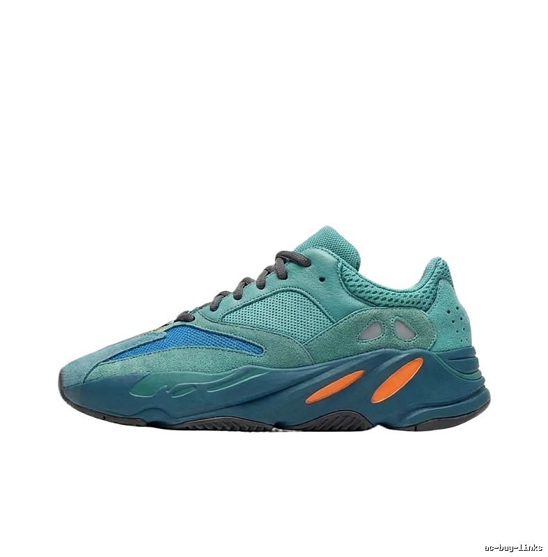 Retro-style green, blue and orange Yeezy 700 shoes