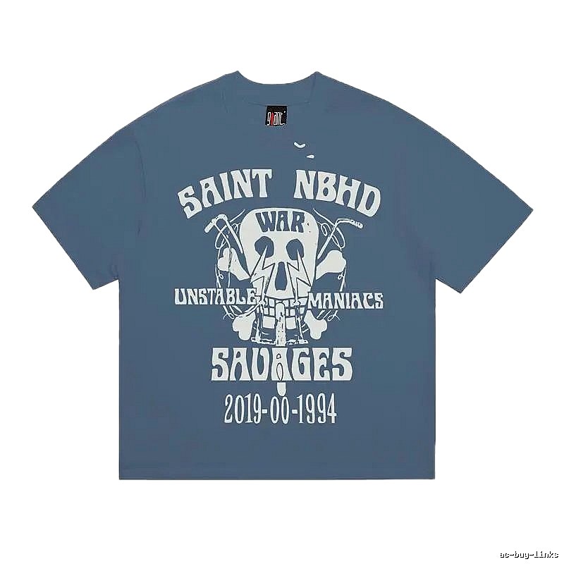 SAINT Skull Print Vintage Grey-Blue Short Sleeve T-Shirt