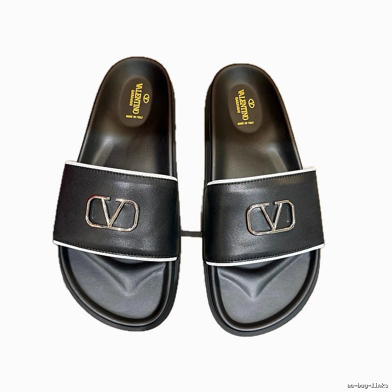 Valentino V-logo Light Luxury Style Black Slide Sandals