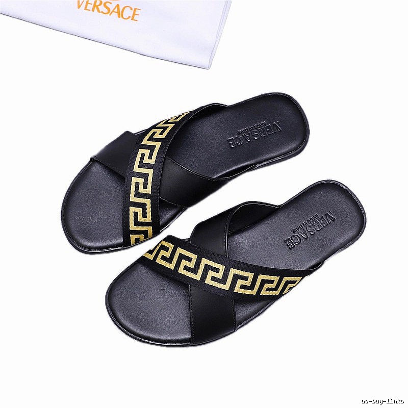 Versace Greek Key Luxury Style Black and Gold Slide Sandals